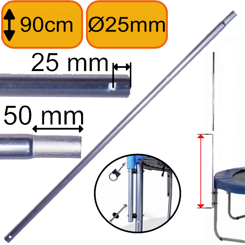 Montant 1 Trou - Diamètre 25mm x 90cm- Pour Filet Trampoline (Partie Basse qui se fixe sur pied avec vis droite et vis boucle)