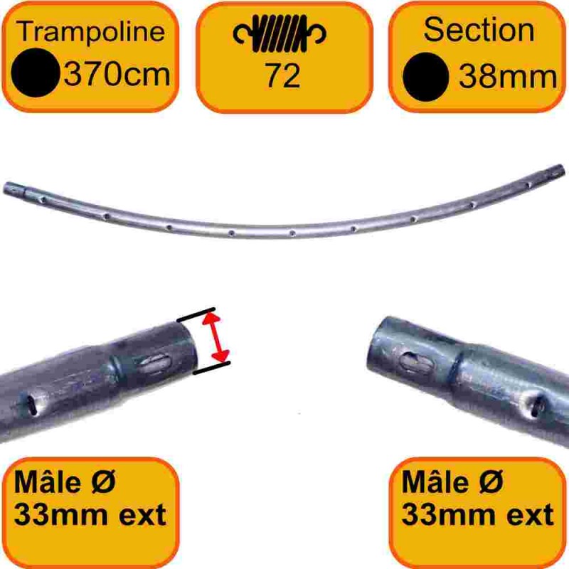 Cadre Trampoline 370 cm 72 ressort 8 sections - Tube 38mm - Jonction Ronde - Male-Male