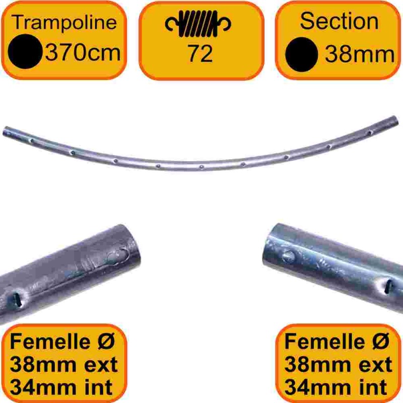 Cadre Trampoline 370 cm 72 ressort 8 sections - Tube 38mm - Jonction Ronde - Femelle-Femelle