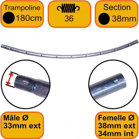 Cadre Trampoline 180 cm 36 ressort Section 38mm Male-Femelle