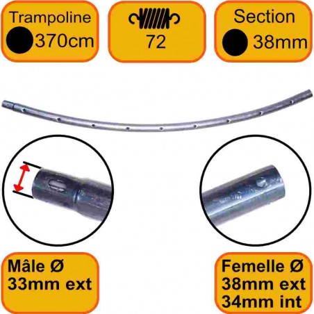 Cadre Trampoline 370 cm 72 ressort Section 38mm Male-Femelle