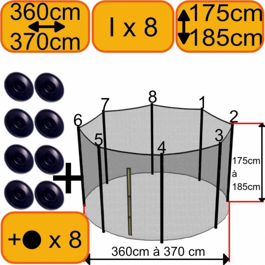Kit Rénovation Filet Trampoline 360cm à 370cm 8 Poteaux