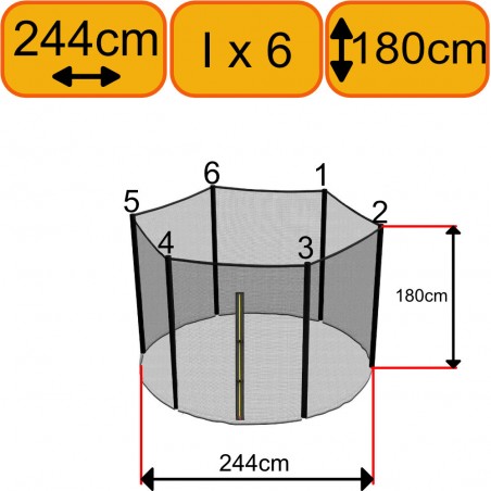 Filet Trampoline 244cm - 6 Barres -  h180 cm - Fourreau Extérieur