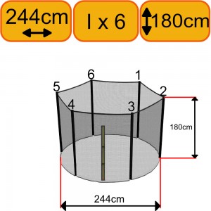 Filet Trampoline 244cm - 6 Barres -  h180 cm - Fourreau Extérieur