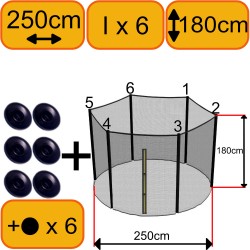 Kit Rénovation Filet Trampoline 244cm - 6 Poteaux - hauteur 180 cm