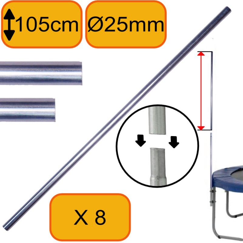 Pack x8 - Montant Rallonge 105cm - Diamètre 25mm - Pour Filet Trampoline (S’emboîte sur Partie Basse du montant)