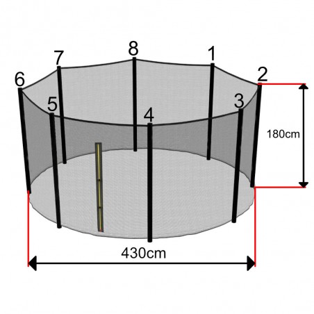 Filet Trampoline 430cm - 8 Barres - hauteur 180 cm - Fourreau Extérieur