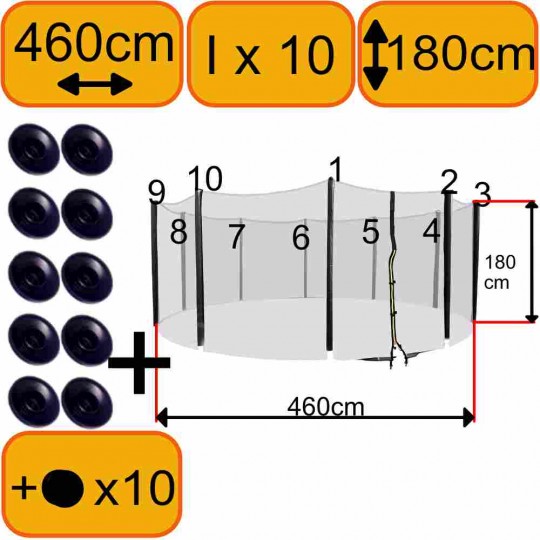 Kit Rénovation Filet Trampoline 460cm 10 Poteaux