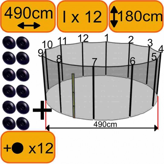 Kit Rénovation Filet Trampoline 490cm 12 Poteaux
